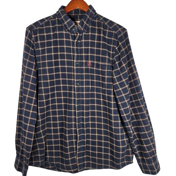 Fjallraven Ovik Flannel Shirt Mens Large Blue Plaid Button Down Outdoors Utility - Picture 1 of 13